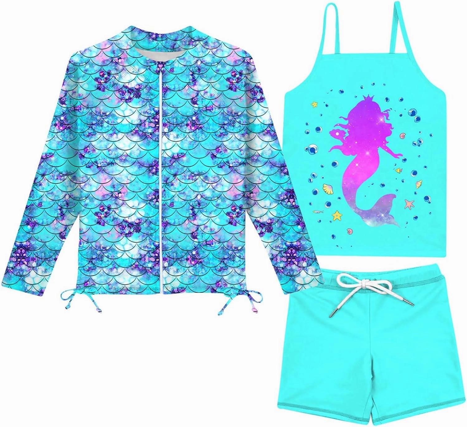 Idgreatim 5-12 Years Girls Swimsuits Long Sleeve Rash Guard Bathing Suit 3 Piece Tankini Sets
