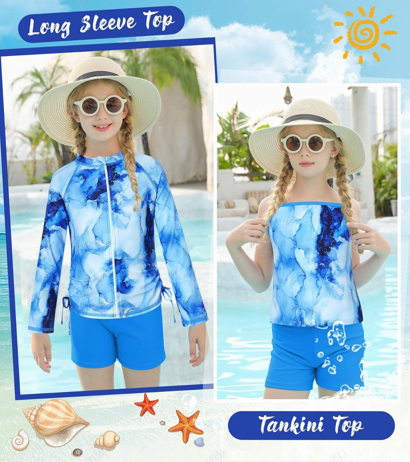 Idgreatim 5-12 Years Girls Swimsuits Long Sleeve Rash Guard Bathing Suit 3 Piece Tankini Sets