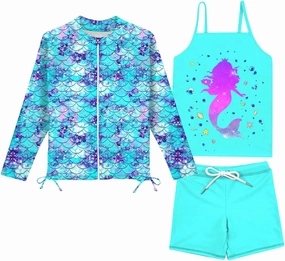 Idgreatim 5-12 Years Girls Swimsuits Long Sleeve Rash Guard Bathing Suit 3 Piece Tankini Sets