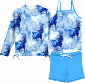 Idgreatim 5-12 Years Girls Swimsuits Long Sleeve Rash Guard Bathing Suit 3 Piece Tankini Sets