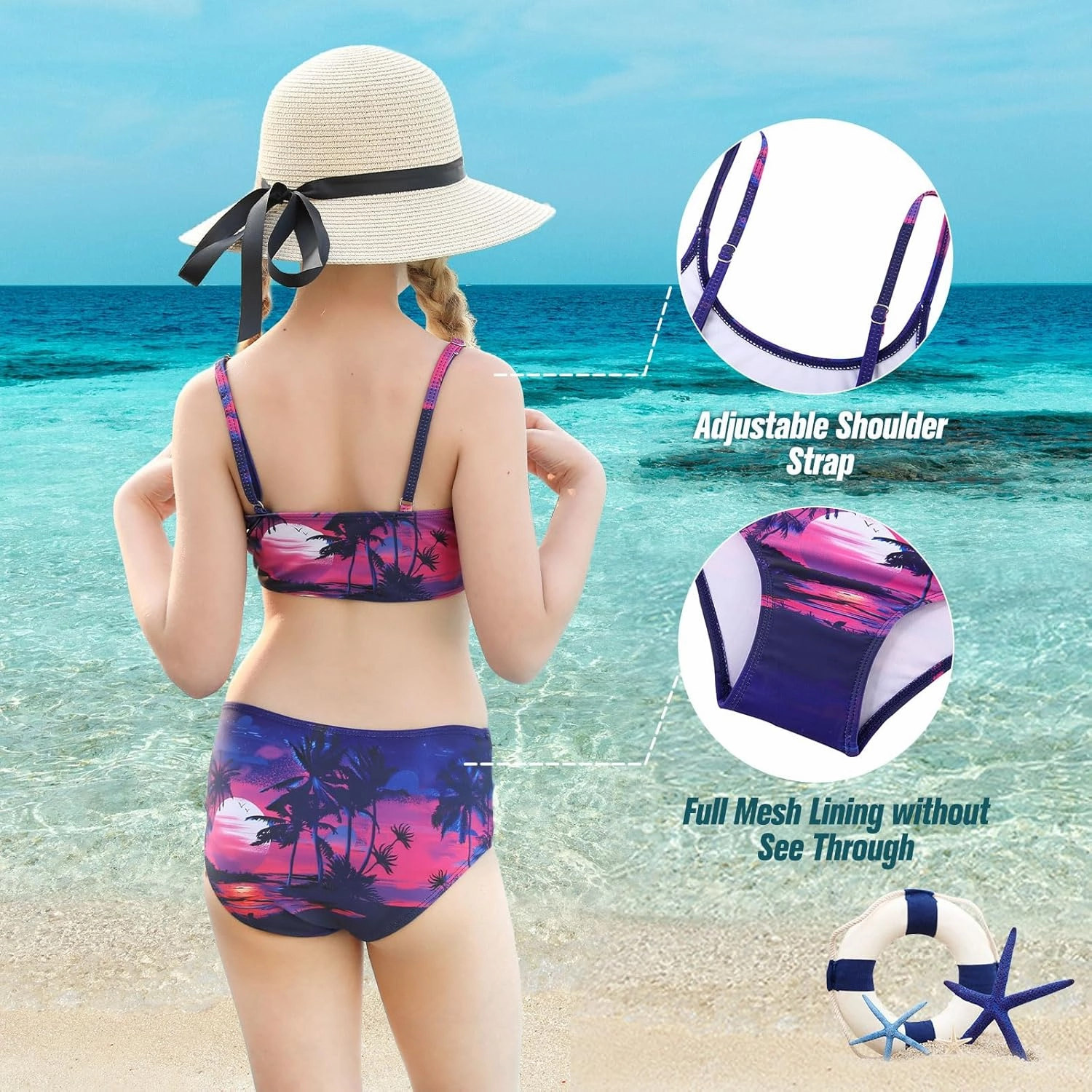 Idgreatim 7-14 Years Girls Swimsuit 4 Piece Tropical Bathing Suits Bikini Sets with Cover Up Skirt