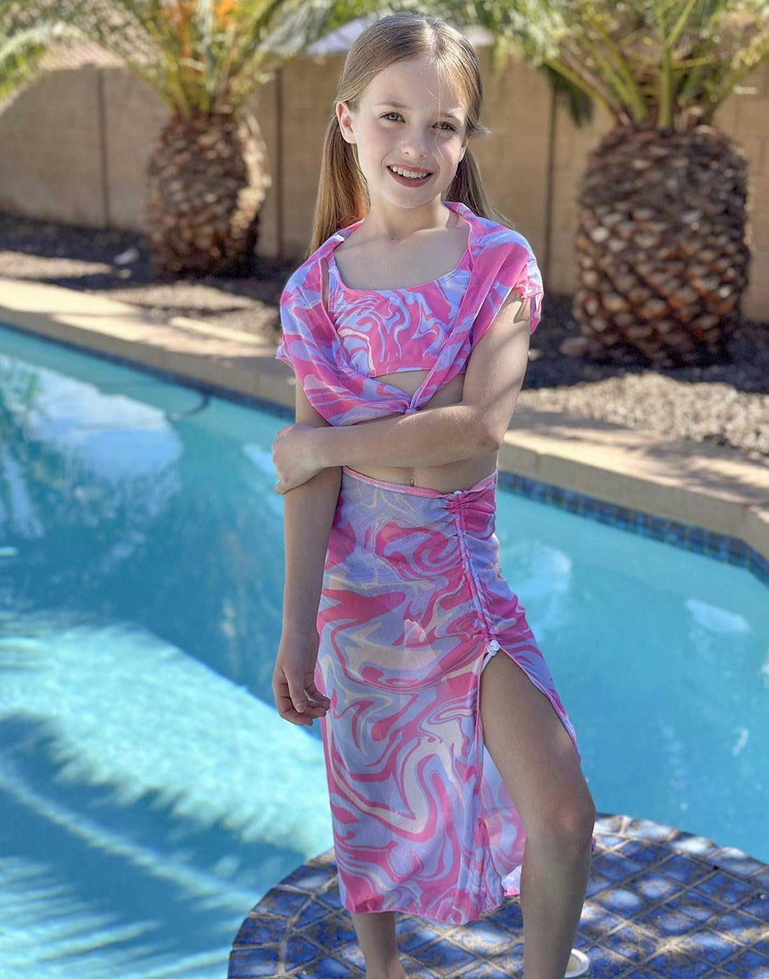 Idgreatim 7-14 Years Girls Swimsuit 4 Piece Tropical Bathing Suits Bikini Sets with Cover Up Skirt