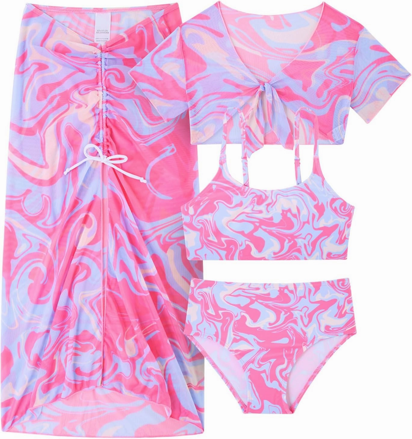 Idgreatim 7-14 Years Girls Swimsuit 4 Piece Tropical Bathing Suits Bikini Sets with Cover Up Skirt