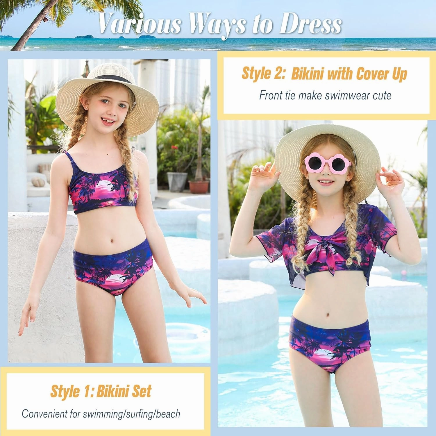 Idgreatim 7-14 Years Girls Swimsuit 4 Piece Tropical Bathing Suits Bikini Sets with Cover Up Skirt