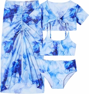 Idgreatim 7-14 Years Girls Swimsuit 4 Piece Tropical Bathing Suits Bikini Sets with Cover Up Skirt