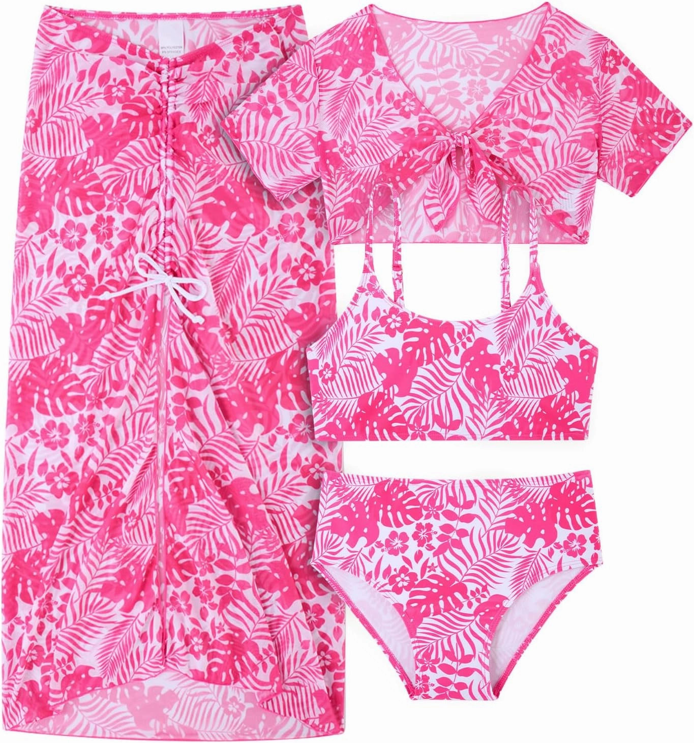 Idgreatim 7-14 Years Girls Swimsuit 4 Piece Tropical Bathing Suits Bikini Sets with Cover Up Skirt