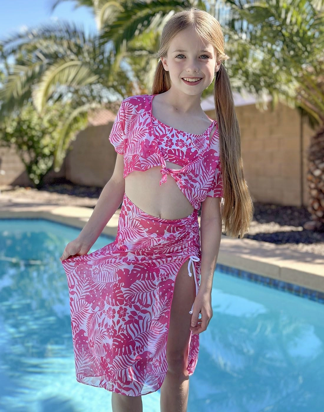 Idgreatim 7-14 Years Girls Swimsuit 4 Piece Tropical Bathing Suits Bikini Sets with Cover Up Skirt