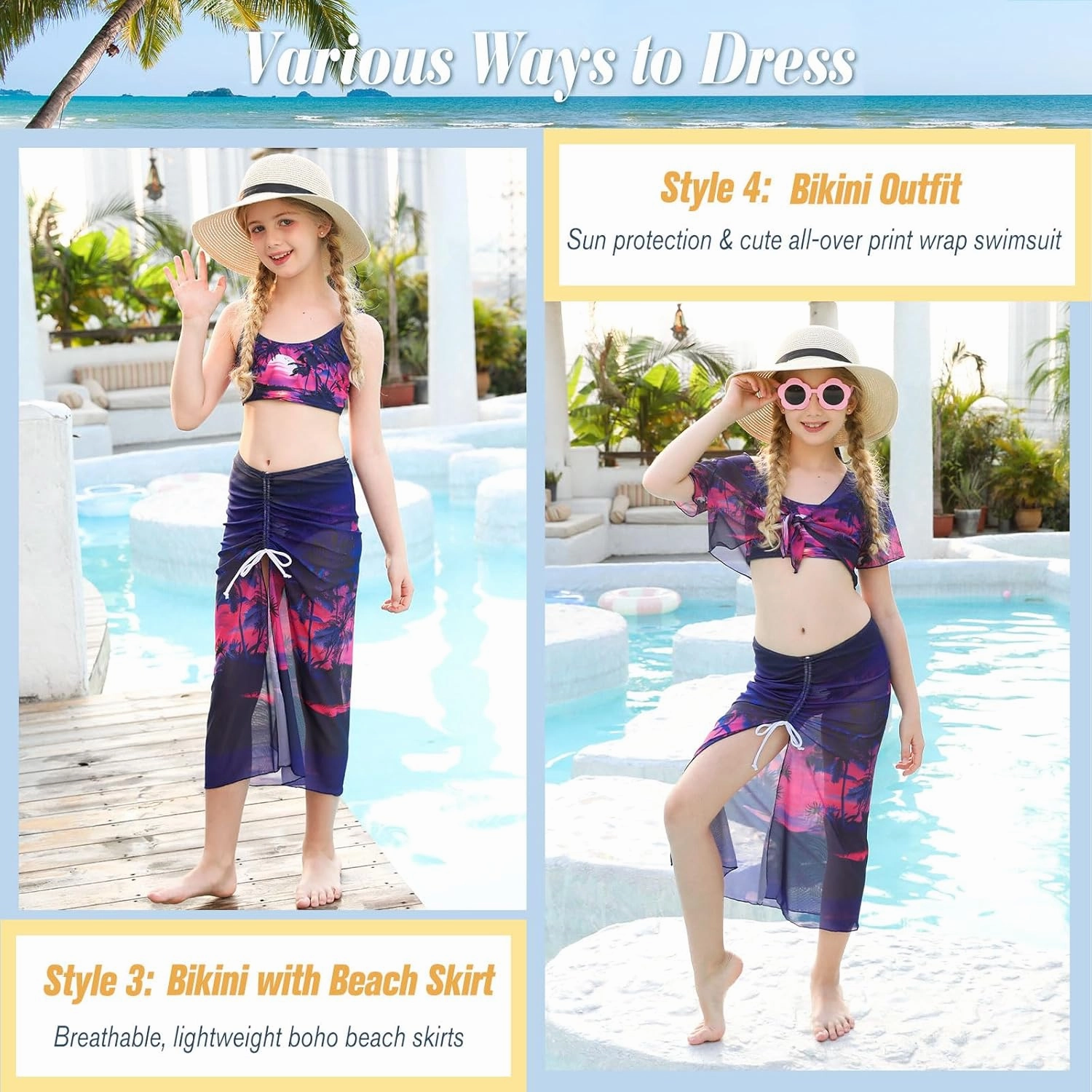 Idgreatim 7-14 Years Girls Swimsuit 4 Piece Tropical Bathing Suits Bikini Sets with Cover Up Skirt