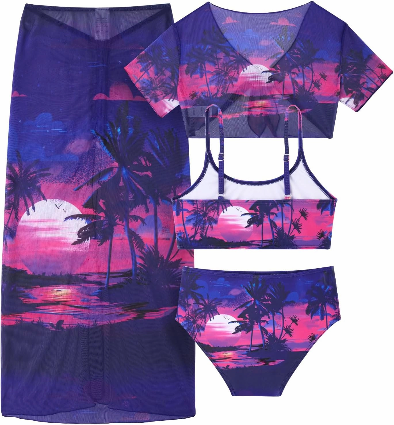 Idgreatim 7-14 Years Girls Swimsuit 4 Piece Tropical Bathing Suits Bikini Sets with Cover Up Skirt