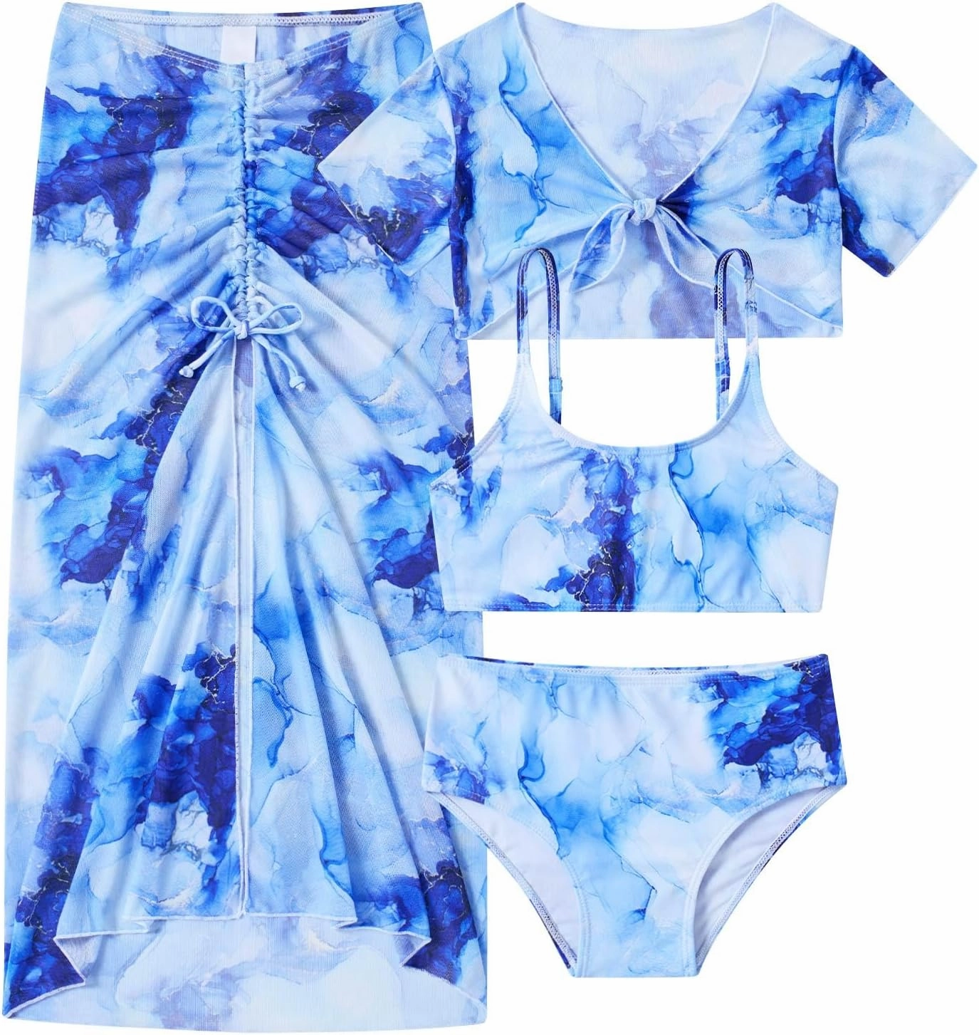 Idgreatim 7-14 Years Girls Swimsuit 4 Piece Tropical Bathing Suits Bikini Sets with Cover Up Skirt