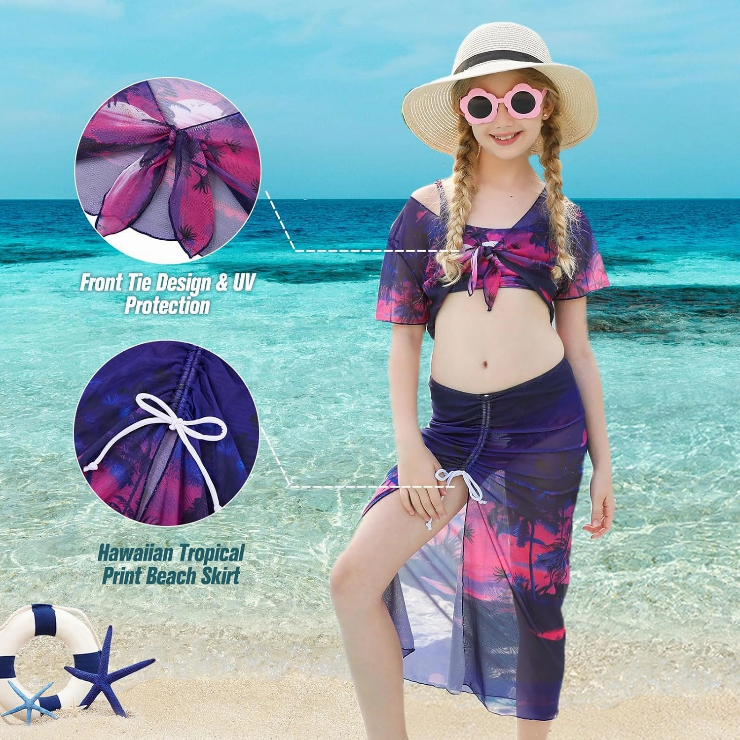 Idgreatim 7-14 Years Girls Swimsuit 4 Piece Tropical Bathing Suits Bikini Sets with Cover Up Skirt