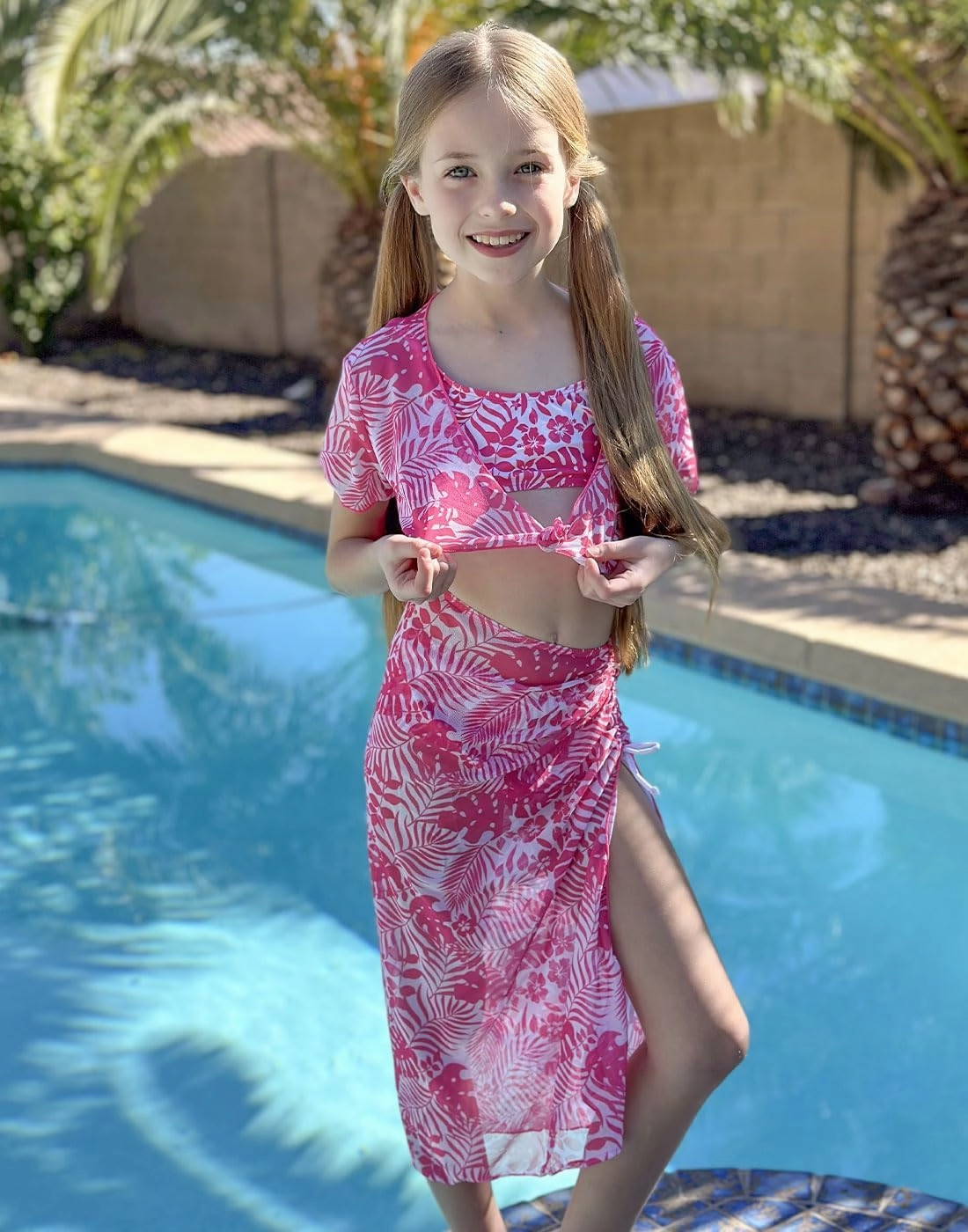Idgreatim 7-14 Years Girls Swimsuit 4 Piece Tropical Bathing Suits Bikini Sets with Cover Up Skirt