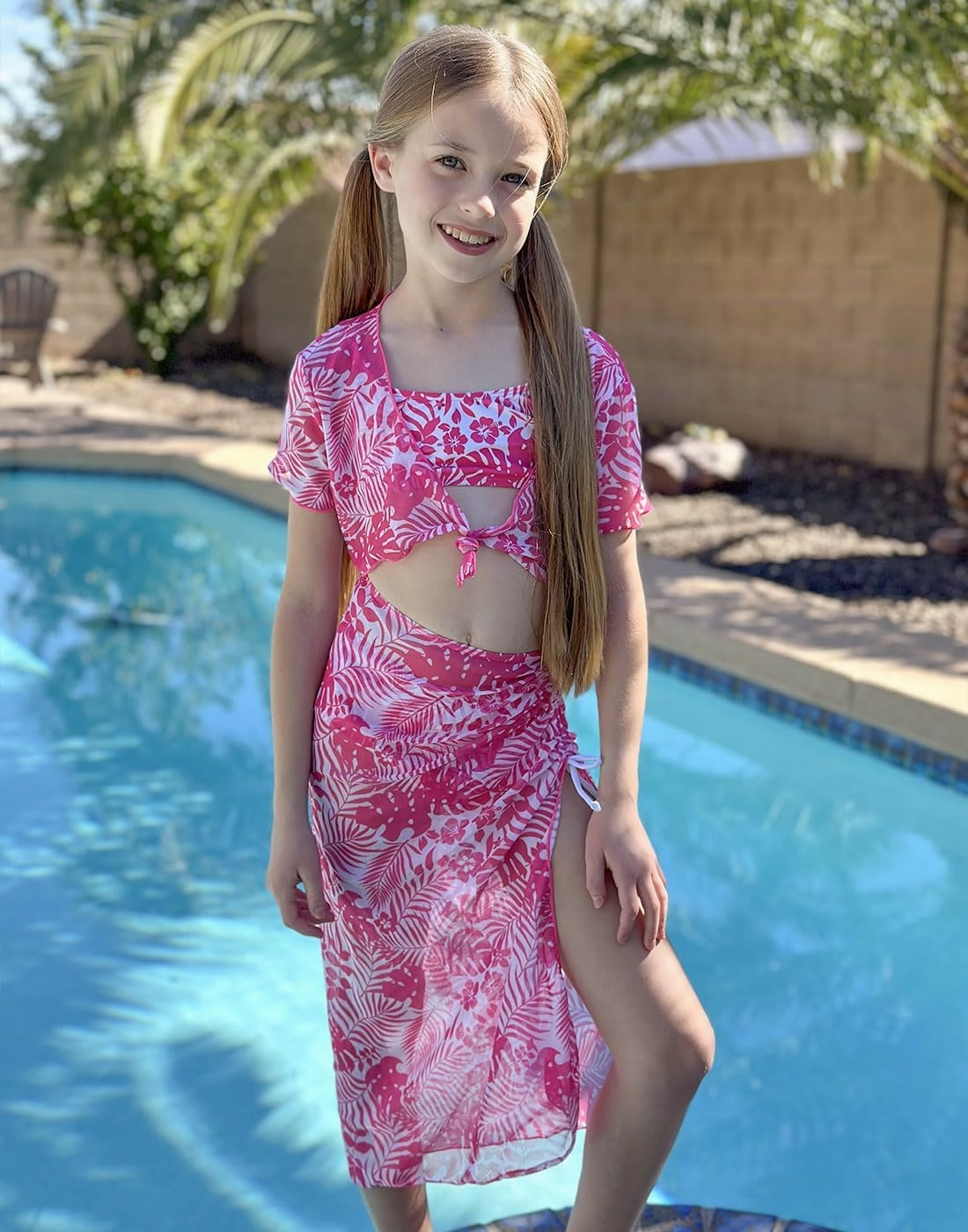 Idgreatim 7-14 Years Girls Swimsuit 4 Piece Tropical Bathing Suits Bikini Sets with Cover Up Skirt