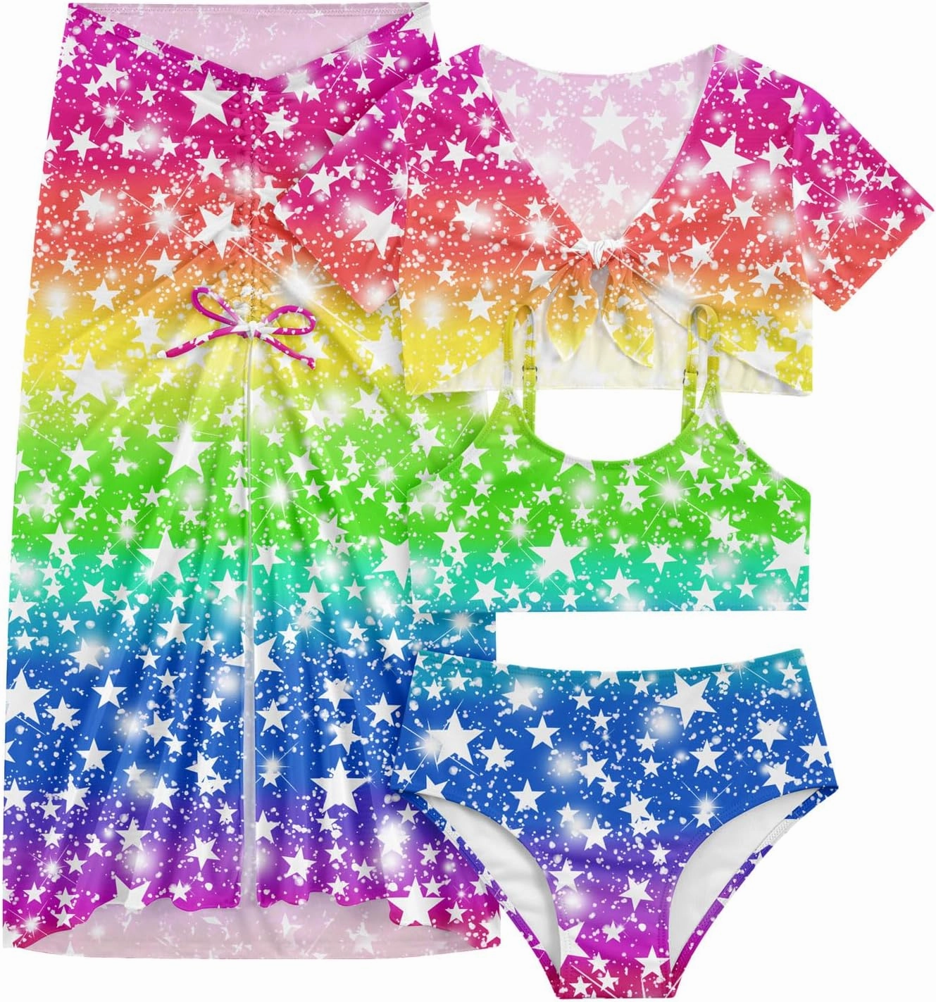 Idgreatim 7-14 Years Girls Swimsuit 4 Piece Tropical Bathing Suits Bikini Sets with Cover Up Skirt