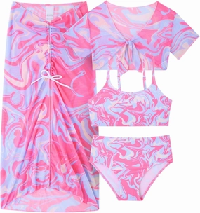 Idgreatim 7-14 Years Girls Swimsuit 4 Piece Tropical Bathing Suits Bikini Sets with Cover Up Skirt