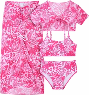 Idgreatim 7-14 Years Girls Swimsuit 4 Piece Tropical Bathing Suits Bikini Sets with Cover Up Skirt