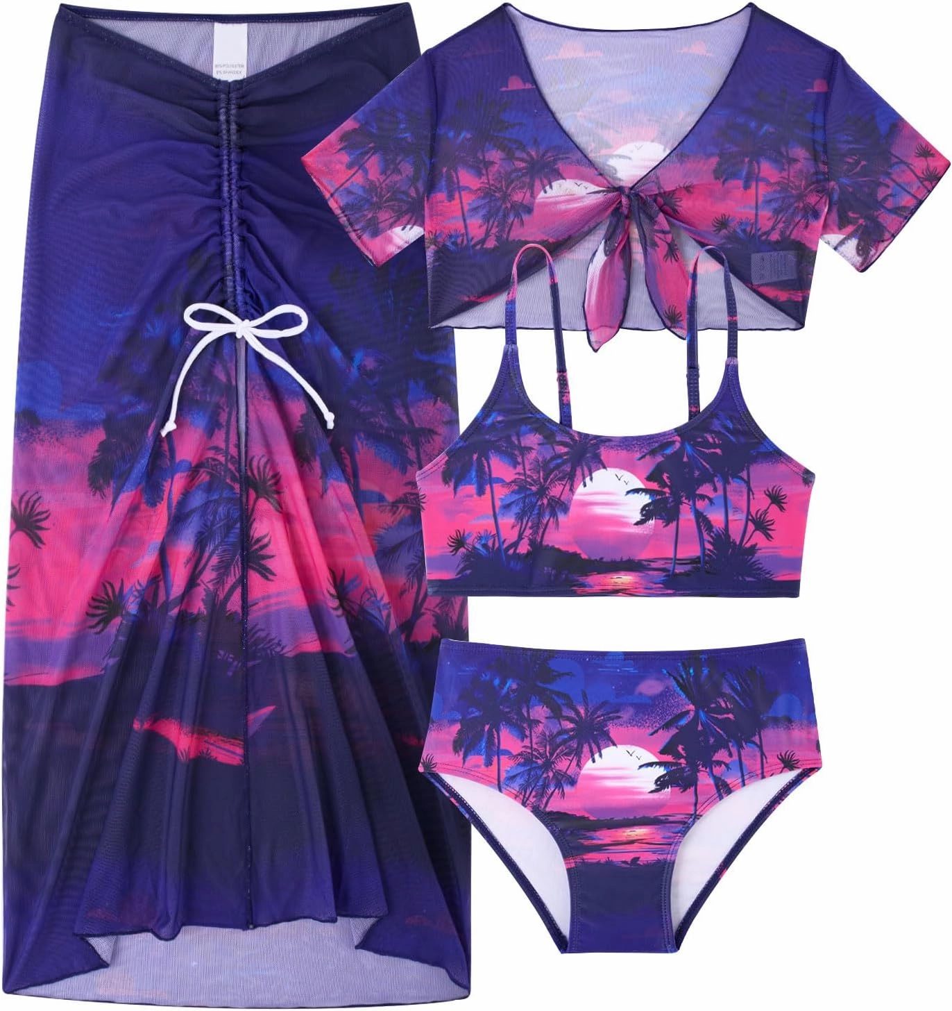 Idgreatim 7-14 Years Girls Swimsuit 4 Piece Tropical Bathing Suits Bikini Sets with Cover Up Skirt