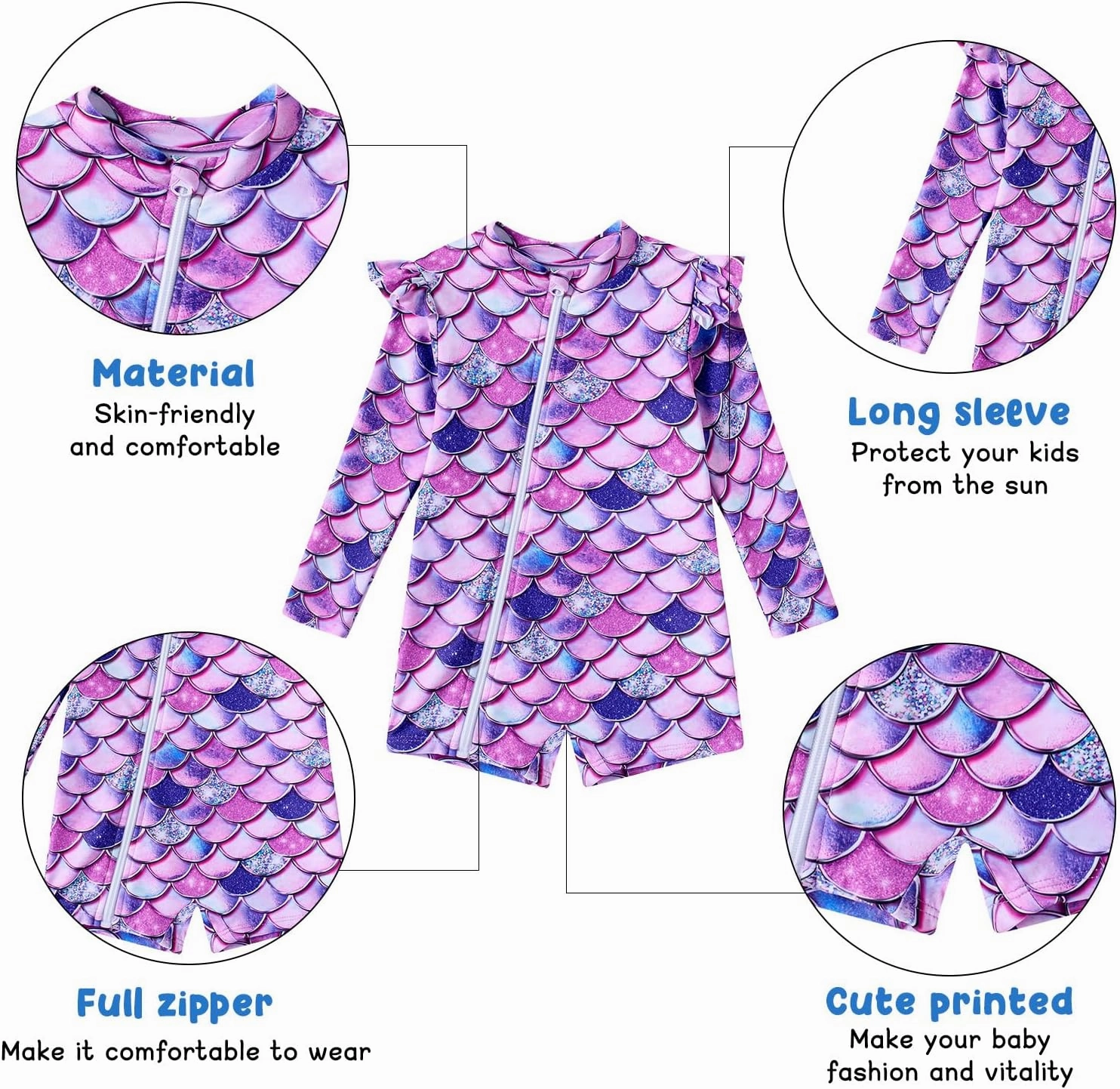 Idgreatim Baby Girls Swimsuit Toddler Kids Rash Guard Bathing Suit Infant One Piece Long Sleeve Zipper Swimwear 3-24 Months