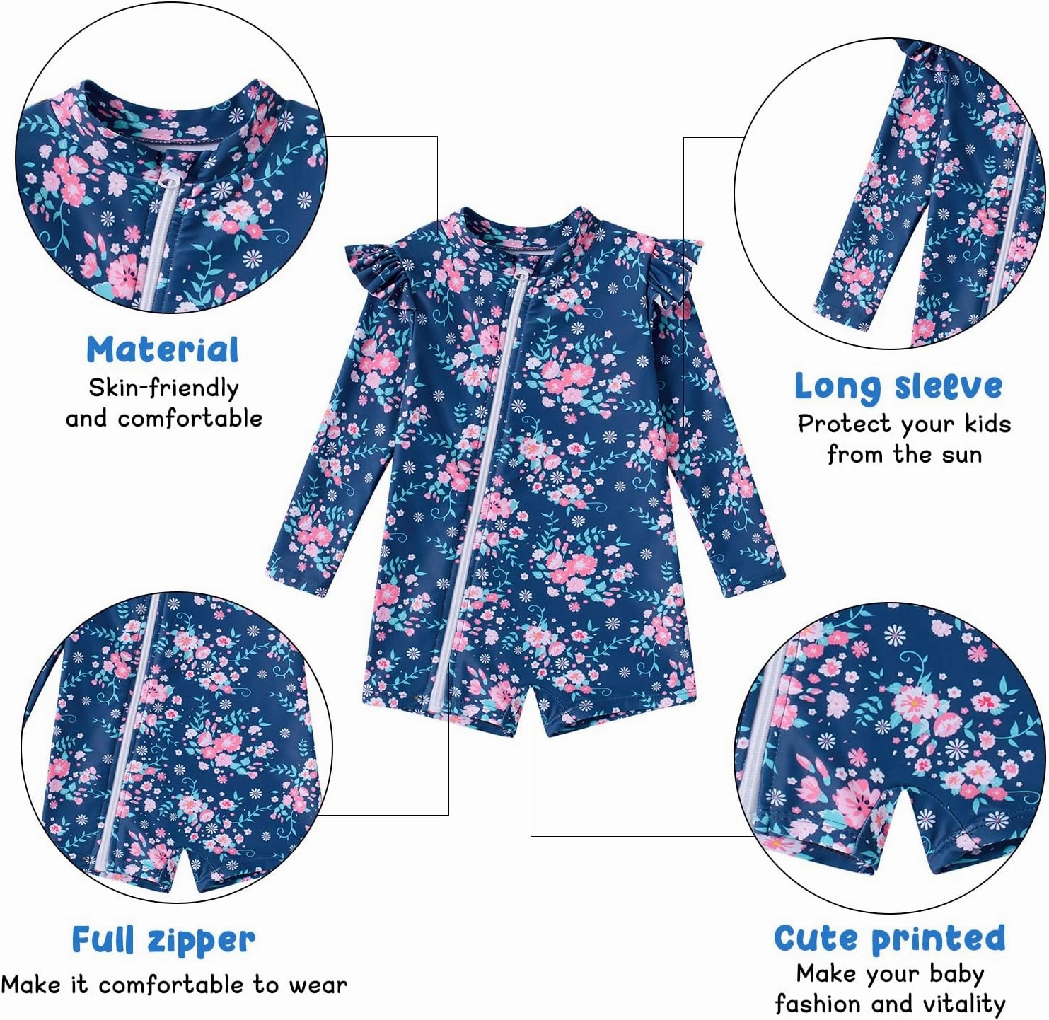 Idgreatim Baby Girls Swimsuit Toddler Kids Rash Guard Bathing Suit Infant One Piece Long Sleeve Zipper Swimwear 3-24 Months