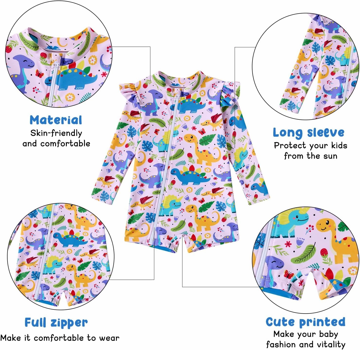 Idgreatim Baby Girls Swimsuit Toddler Kids Rash Guard Bathing Suit Infant One Piece Long Sleeve Zipper Swimwear 3-24 Months
