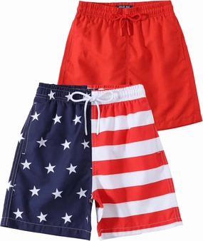 KAILUA SURF 2 Pack Boys Swim Trunks, High-Visibility Safety Colors and American Flag, Quick Dry Kids Shorts, Sizes 2T-16