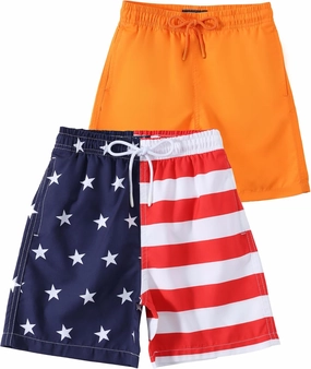 KAILUA SURF 2 Pack Boys Swim Trunks, High-Visibility Safety Colors and American Flag, Quick Dry Kids Shorts, Sizes 2T-16