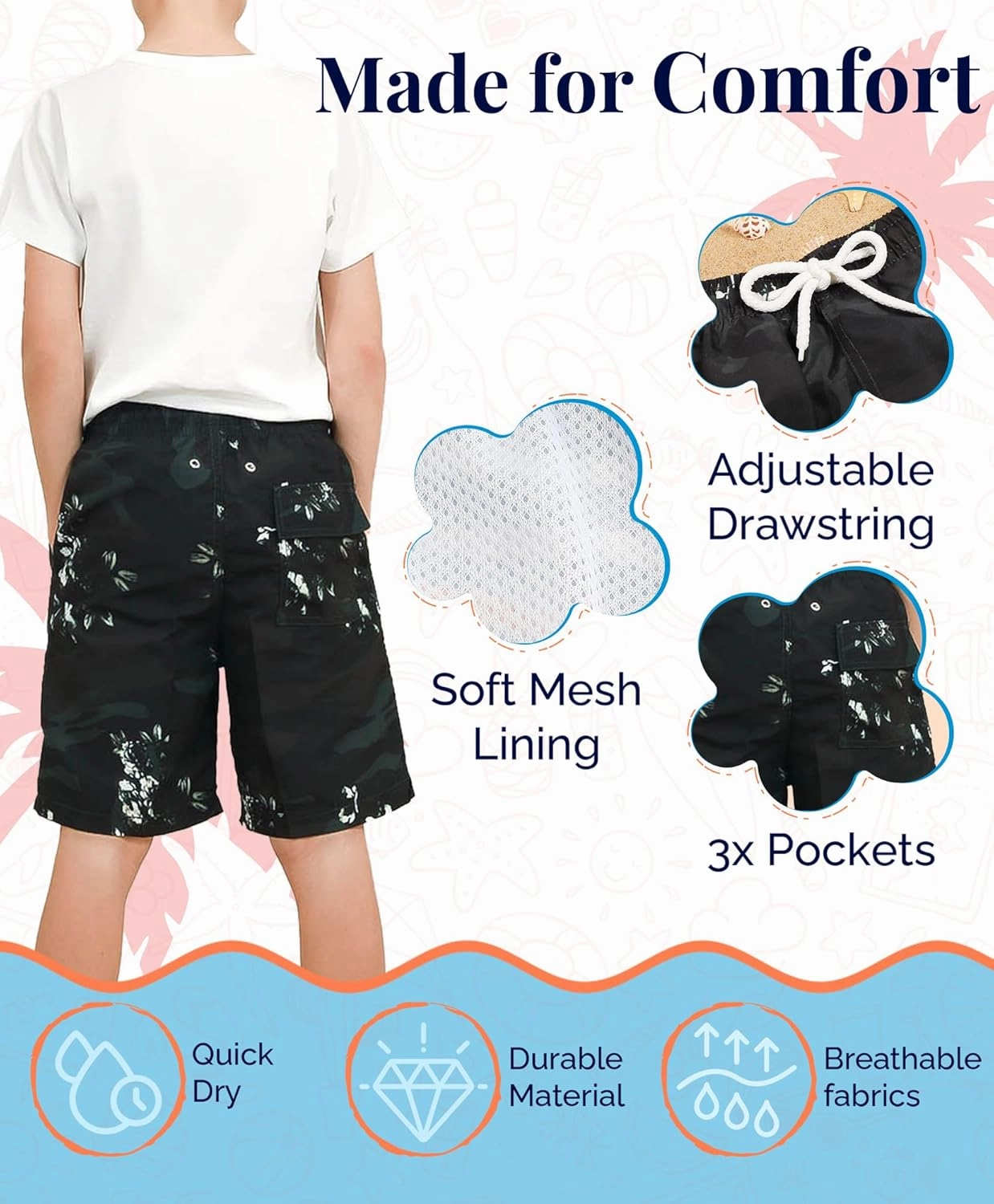 KAILUA SURF Boys' Swim Trunks Quick Dry Board Shorts with Mesh Liner, Sizes 2T-18/20