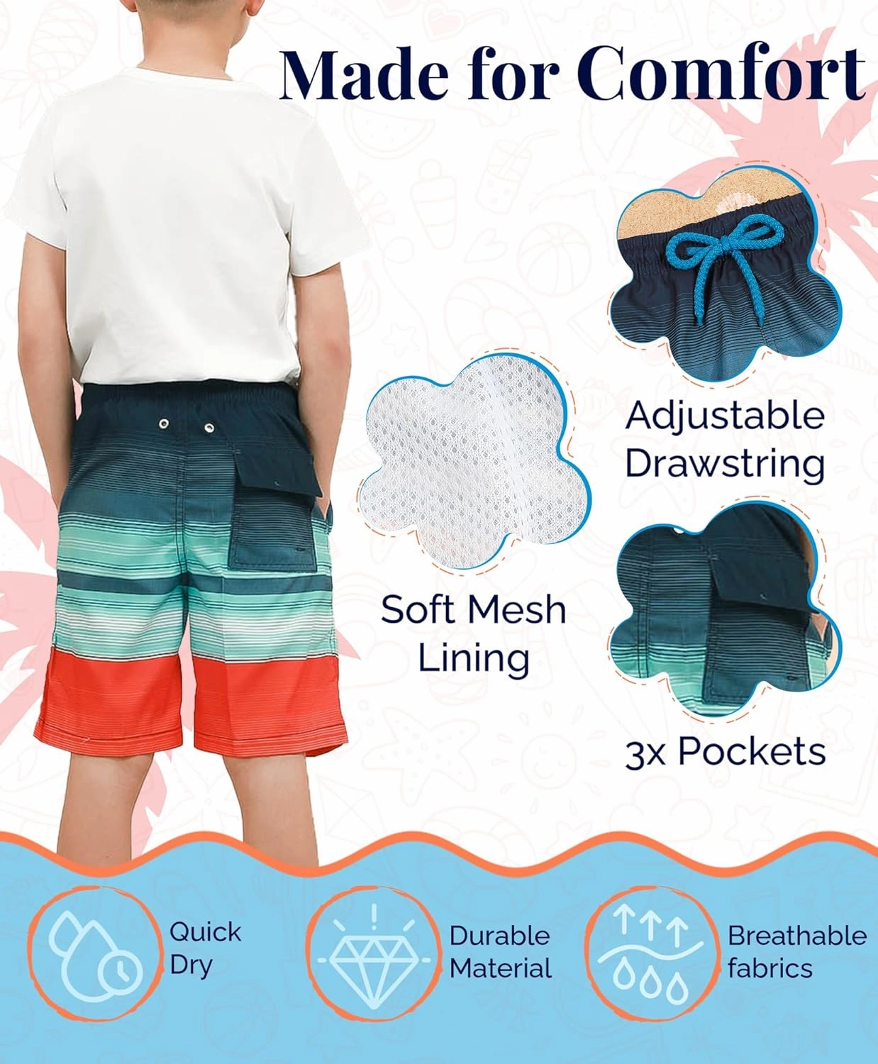 KAILUA SURF Boys' Swim Trunks Quick Dry Board Shorts with Mesh Liner, Sizes 2T-18/20