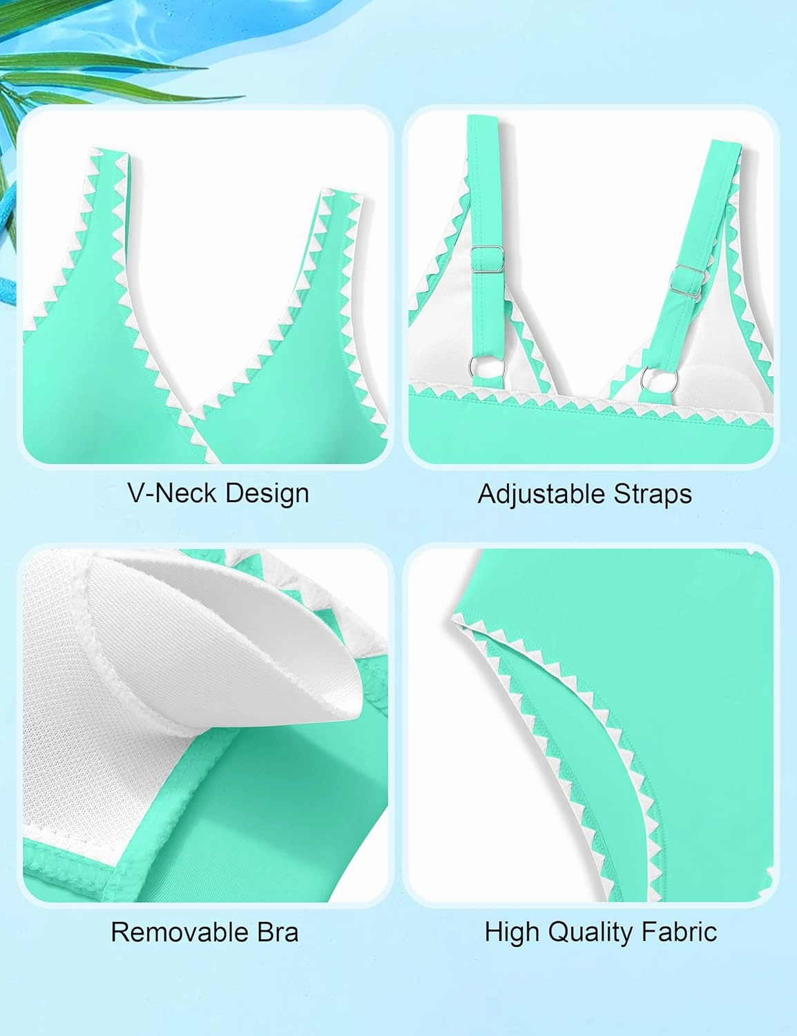 KANGKANG Girls Swimsuit Bikini Set Solid Color V-Neck Two Piece Bathing Suit with Chest Pad Adjustable Straps Swimwear 7-16T