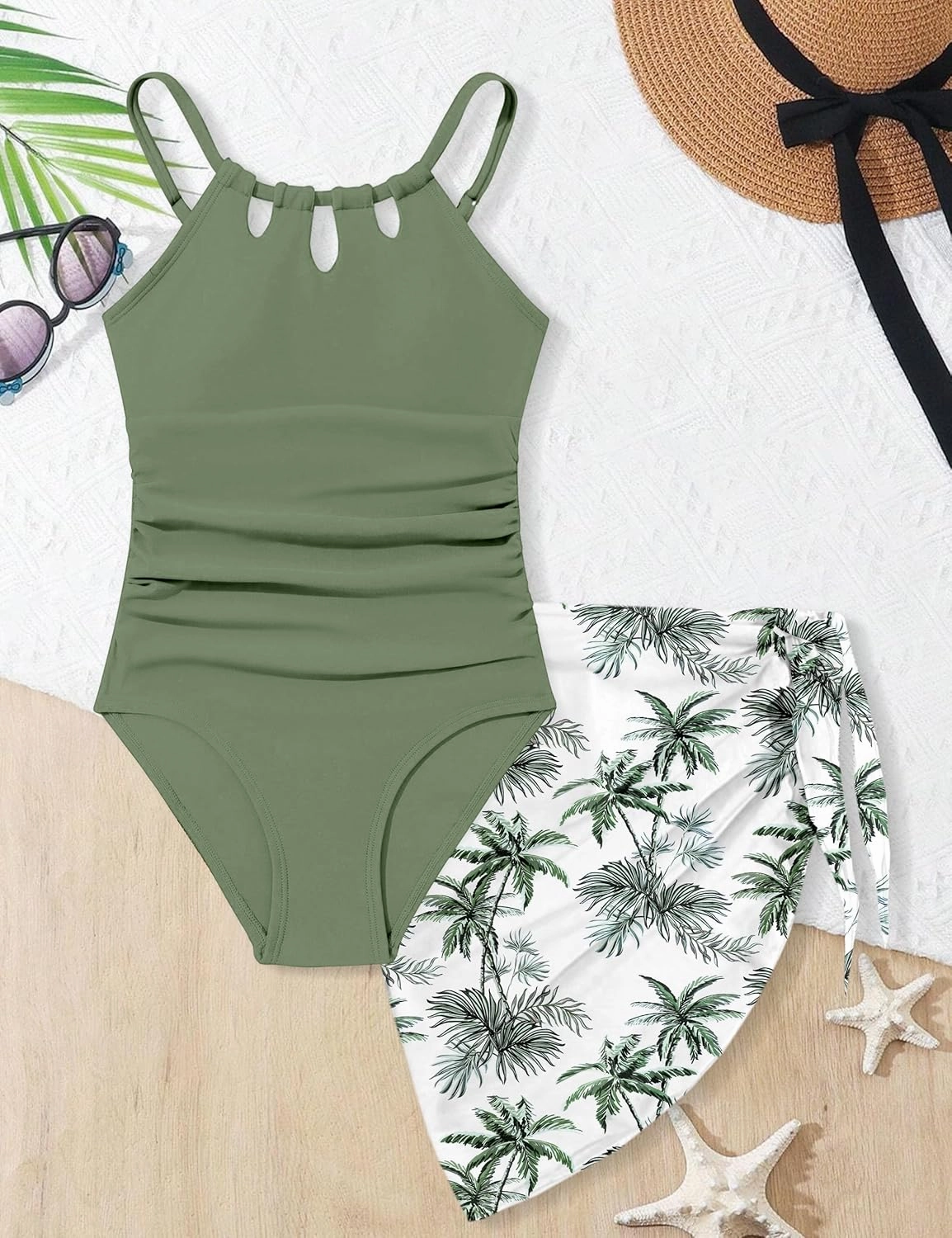 KANGKANG Girls Swimsuit Quick Dry Cut Out One Piece Swimsuits with Tropical Print Cover Up Skirt Bathing Suit Swimwear 7-18Y
