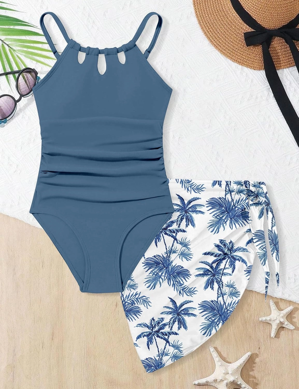 KANGKANG Girls Swimsuit Quick Dry Cut Out One Piece Swimsuits with Tropical Print Cover Up Skirt Bathing Suit Swimwear 7-18Y