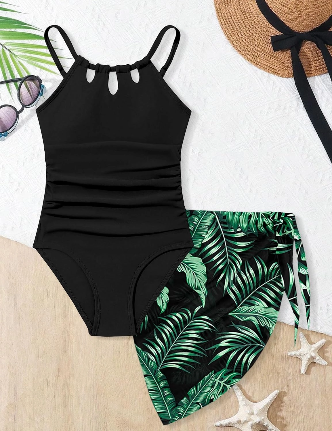 KANGKANG Girls Swimsuit Quick Dry Cut Out One Piece Swimsuits with Tropical Print Cover Up Skirt Bathing Suit Swimwear 7-18Y