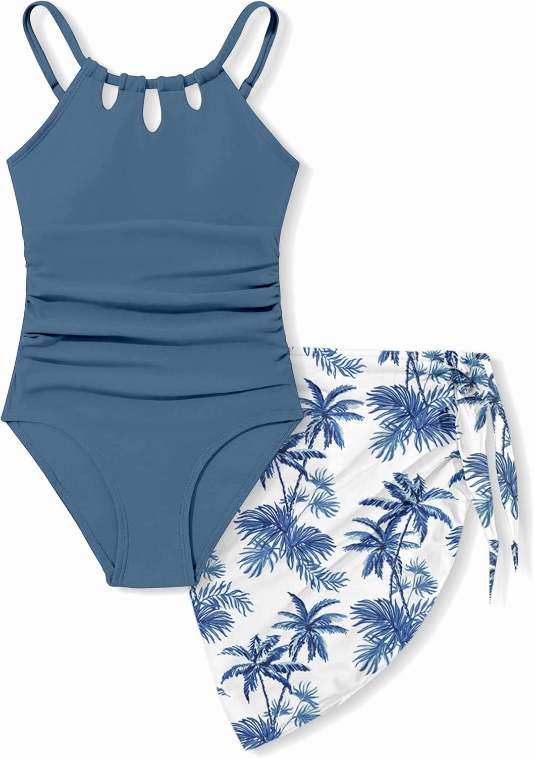 KANGKANG Girls Swimsuit Quick Dry Cut Out One Piece Swimsuits with Tropical Print Cover Up Skirt Bathing Suit Swimwear 7-18Y