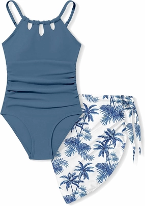 KANGKANG Girls Swimsuit Quick Dry Cut Out One Piece Swimsuits with Tropical Print Cover Up Skirt Bathing Suit Swimwear 7-18Y