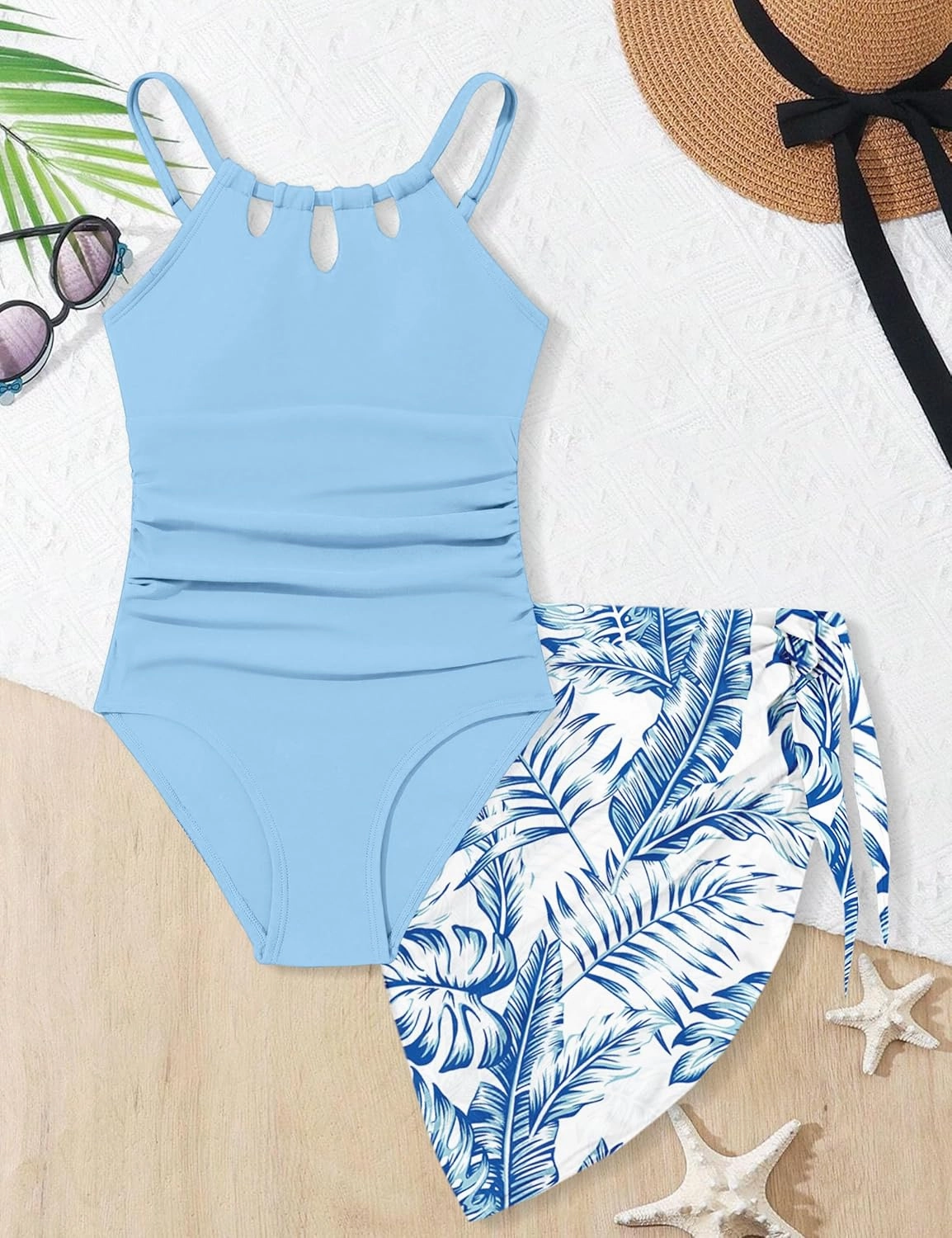 KANGKANG Girls Swimsuit Quick Dry Cut Out One Piece Swimsuits with Tropical Print Cover Up Skirt Bathing Suit Swimwear 7-18Y