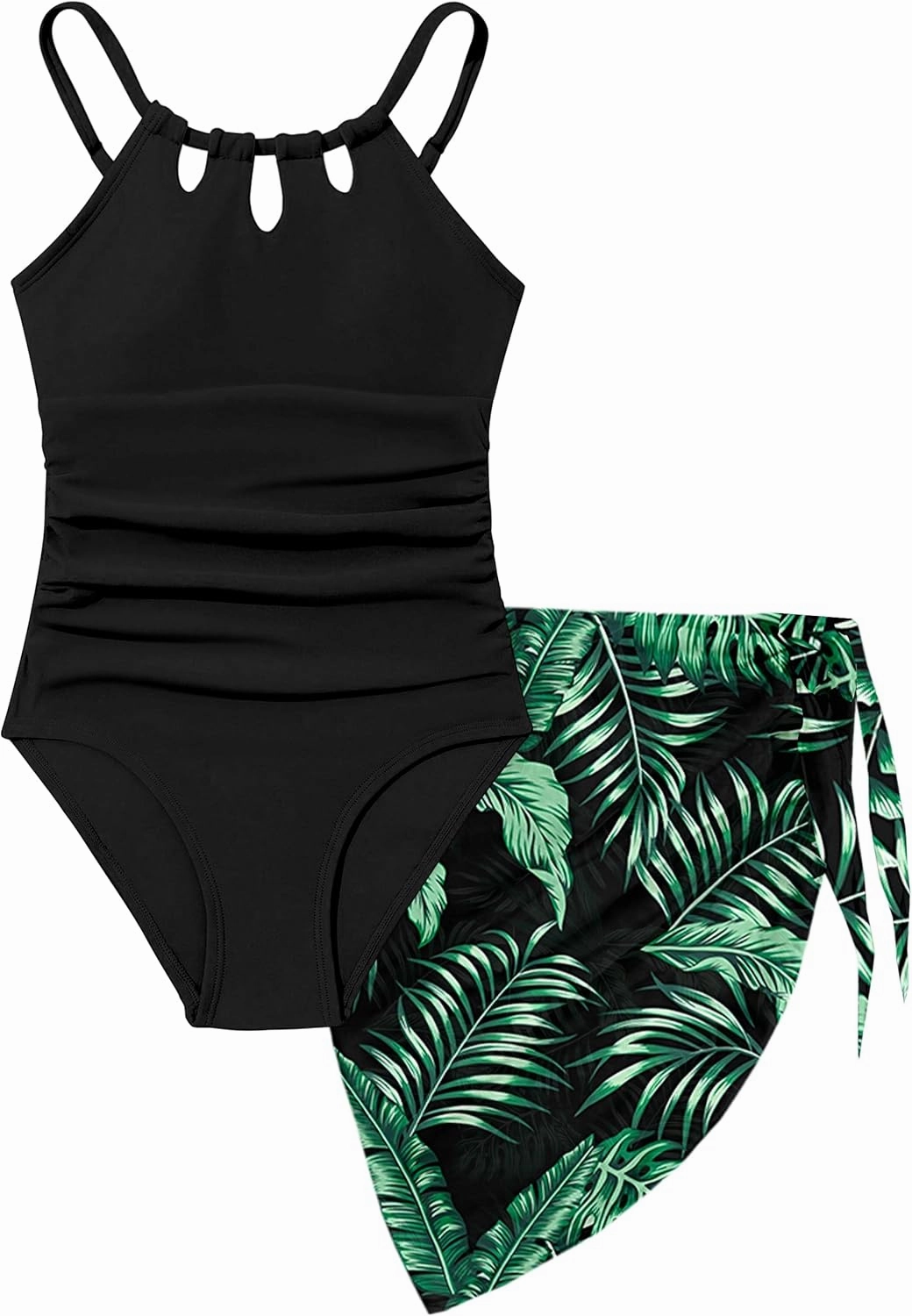 KANGKANG Girls Swimsuit Quick Dry Cut Out One Piece Swimsuits with Tropical Print Cover Up Skirt Bathing Suit Swimwear 7-18Y