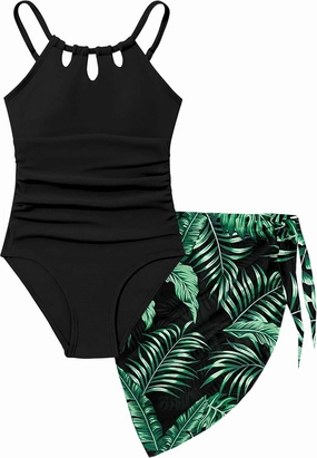 KANGKANG Girls Swimsuit Quick Dry Cut Out One Piece Swimsuits with Tropical Print Cover Up Skirt Bathing Suit Swimwear 7-18Y