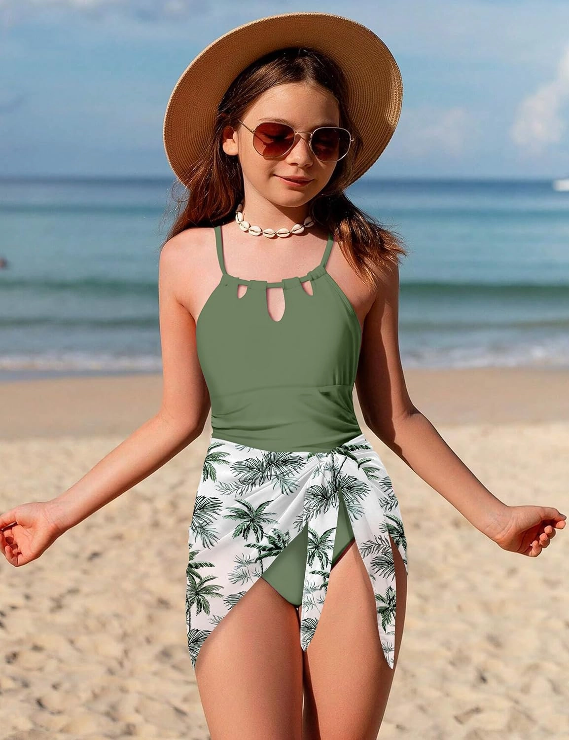 KANGKANG Girls Swimsuit Quick Dry Cut Out One Piece Swimsuits with Tropical Print Cover Up Skirt Bathing Suit Swimwear 7-18Y