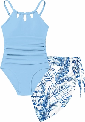 KANGKANG Girls Swimsuit Quick Dry Cut Out One Piece Swimsuits with Tropical Print Cover Up Skirt Bathing Suit Swimwear 7-18Y