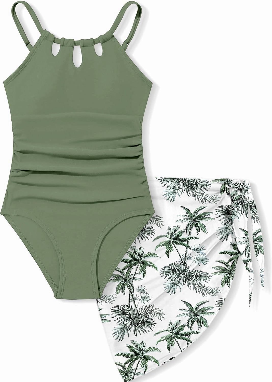 KANGKANG Girls Swimsuit Quick Dry Cut Out One Piece Swimsuits with Tropical Print Cover Up Skirt Bathing Suit Swimwear 7-18Y