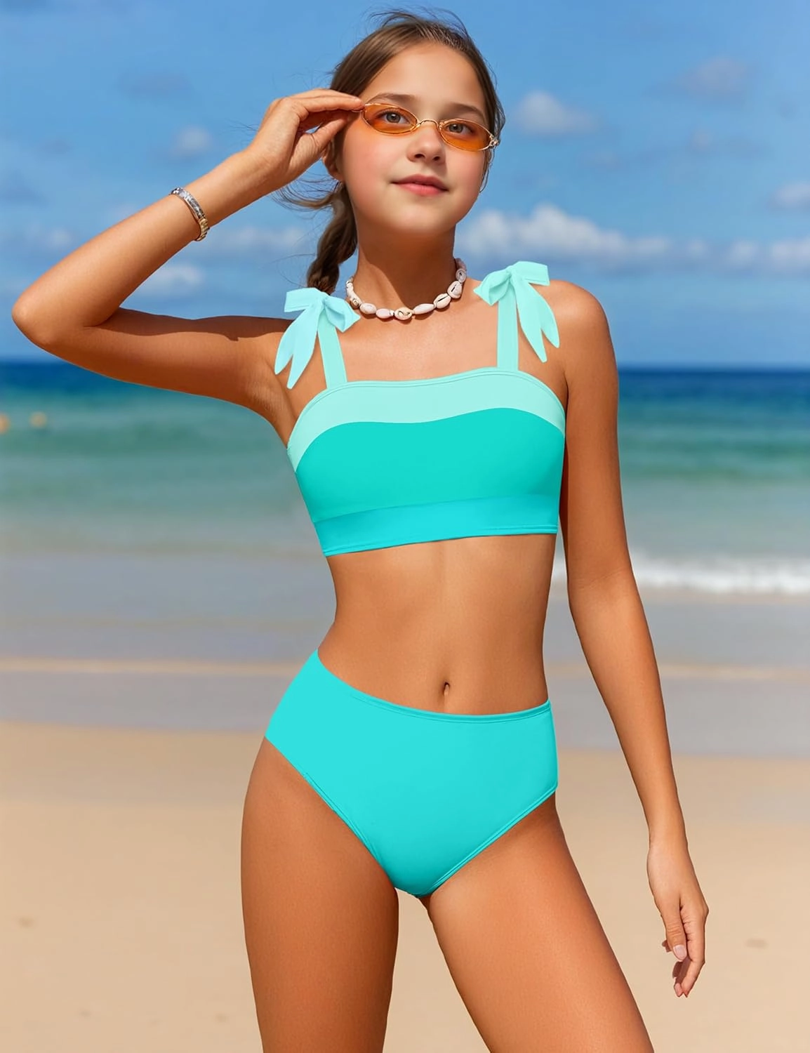 KANGKANG Girls Swimsuit Solid Color Block Adjustable Straps Teen Girl Bikini Set Kids Bathing Suits for Girls Size 7-16