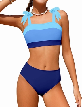 KANGKANG Girls Swimsuit Solid Color Block Adjustable Straps Teen Girl Bikini Set Kids Bathing Suits for Girls Size 7-16
