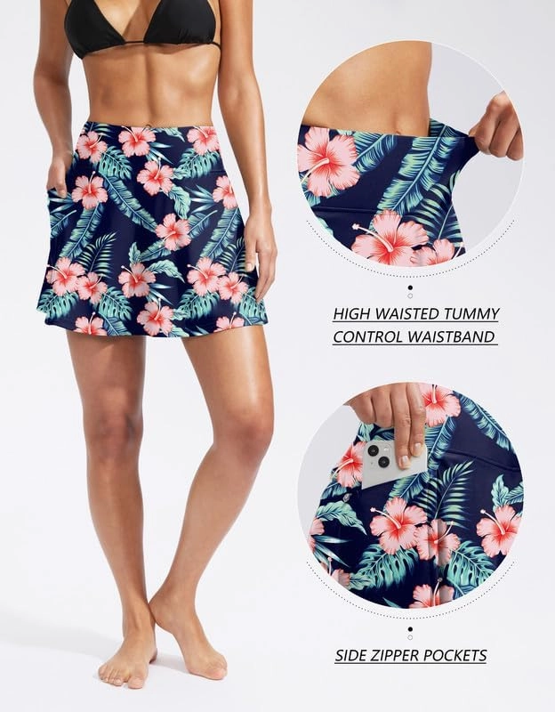 Kayrth Women's High Waisted Swim Skirt with Zipper Pockets Tummy Control Bathing Suit Swimsuit Tankini Bottoms