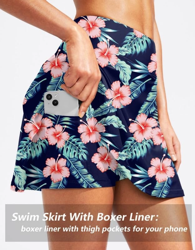 Kayrth Women's High Waisted Swim Skirt with Zipper Pockets Tummy Control Bathing Suit Swimsuit Tankini Bottoms