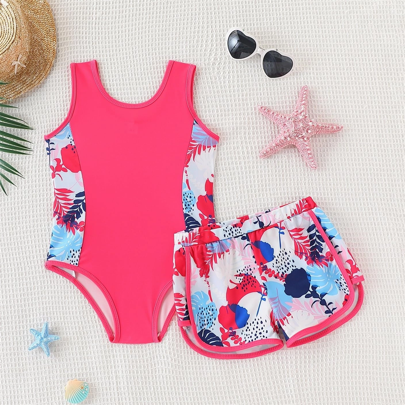 Kid Girl Swimsuit Bikini Set 2PC Bathing Suit for Girls, Tropical Girls' Full Coverage Swimwear Shorts Set