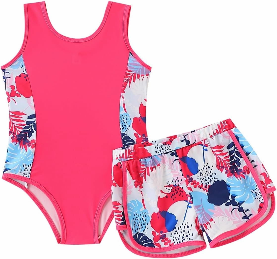 Kid Girl Swimsuit Bikini Set 2PC Bathing Suit for Girls, Tropical Girls' Full Coverage Swimwear Shorts Set