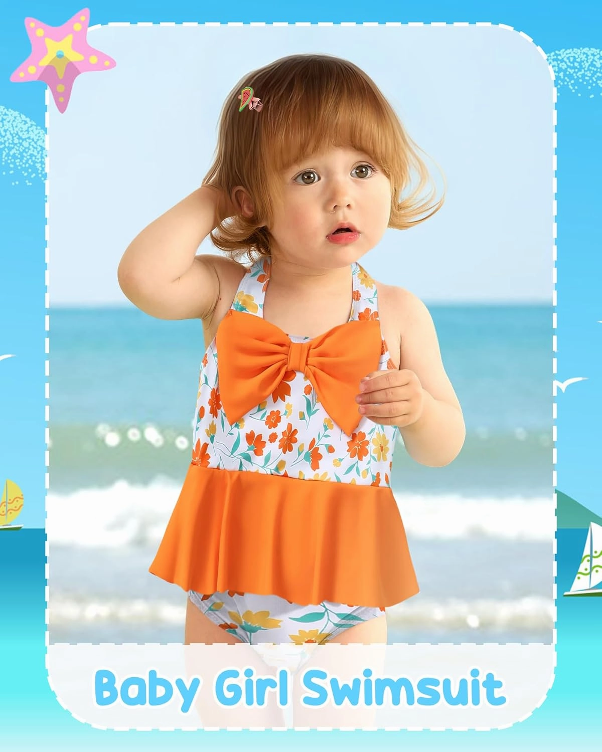 Kucnuzki Baby Girl Swimsuit Newborn One Piece Bathing Suit Bow Tie Bikini Tankini Infant Swimwear with Hat