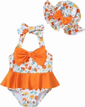 Kucnuzki Baby Girl Swimsuit Newborn One Piece Bathing Suit Bow Tie Bikini Tankini Infant Swimwear with Hat