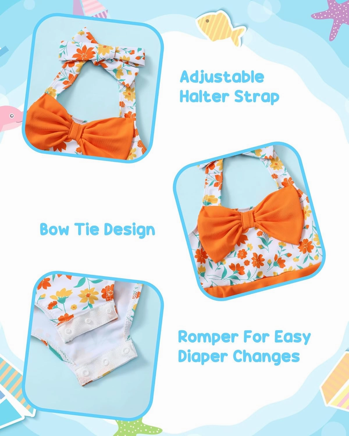 Kucnuzki Baby Girl Swimsuit Newborn One Piece Bathing Suit Bow Tie Bikini Tankini Infant Swimwear with Hat