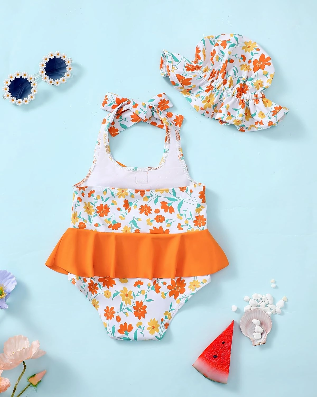 Kucnuzki Baby Girl Swimsuit Newborn One Piece Bathing Suit Bow Tie Bikini Tankini Infant Swimwear with Hat